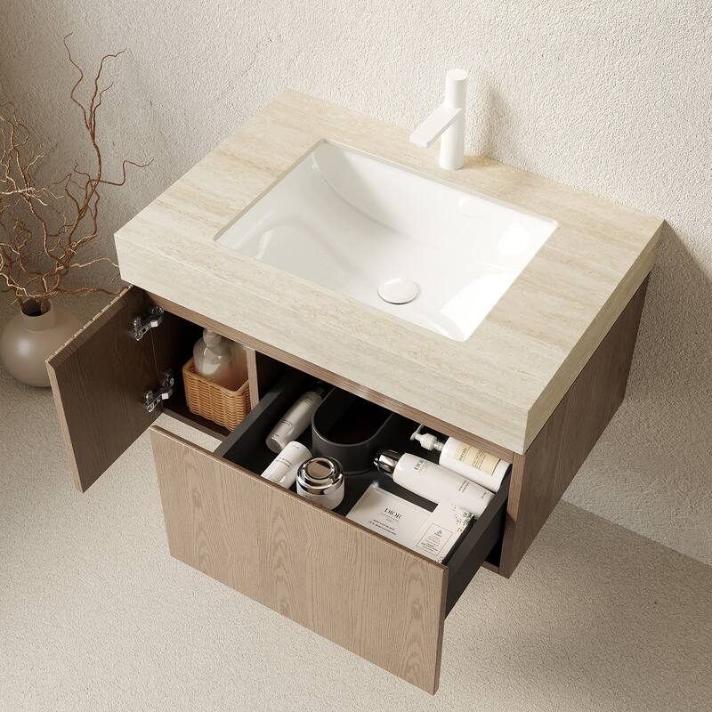Floating Bathroom Vanity with Sintered Stone Top and Undermount Ceramic Basin