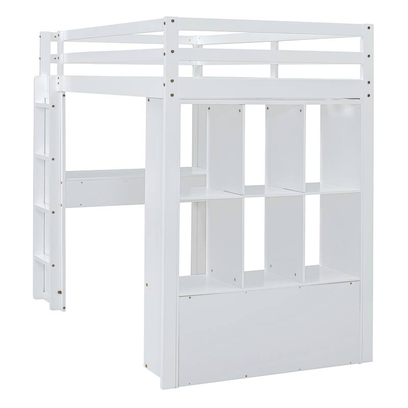Full Size Solid Wood Loft Bed with Shelves, Writing Desk, and LED Light