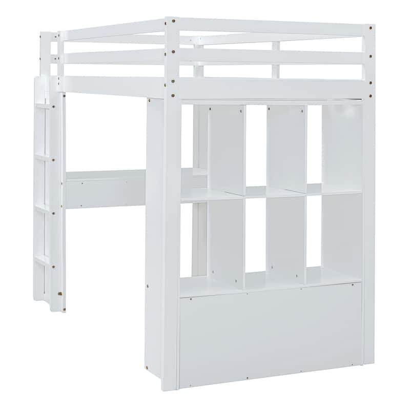 White Full Size Solid Wood Loft Bed with large shelves, writing desk and LED Light for Bedroom