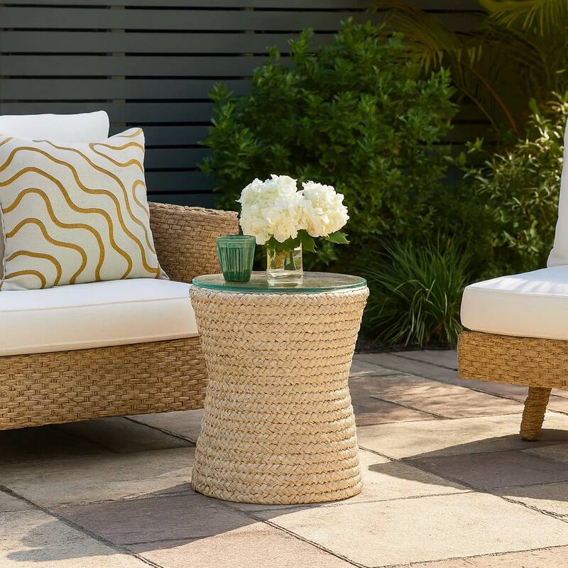 Grix Side Table, 20 Inch Tempered Glass Round Top, Braided Hourglass