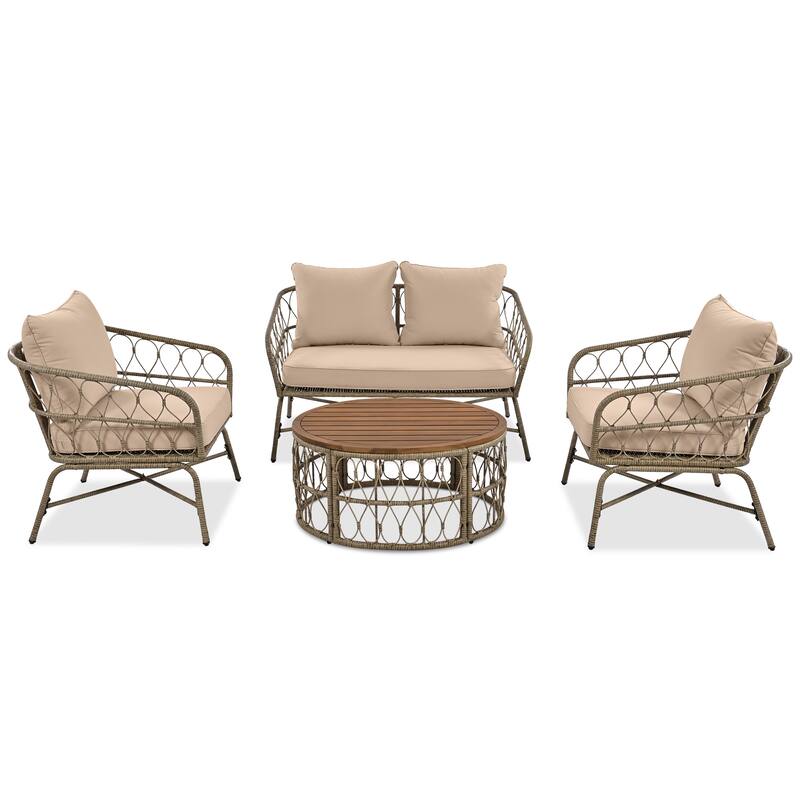 Patio Conversation Set 4 Pieces Patio Furniture Set Wicker with Removable Cushions, Loveseats and Dining Table