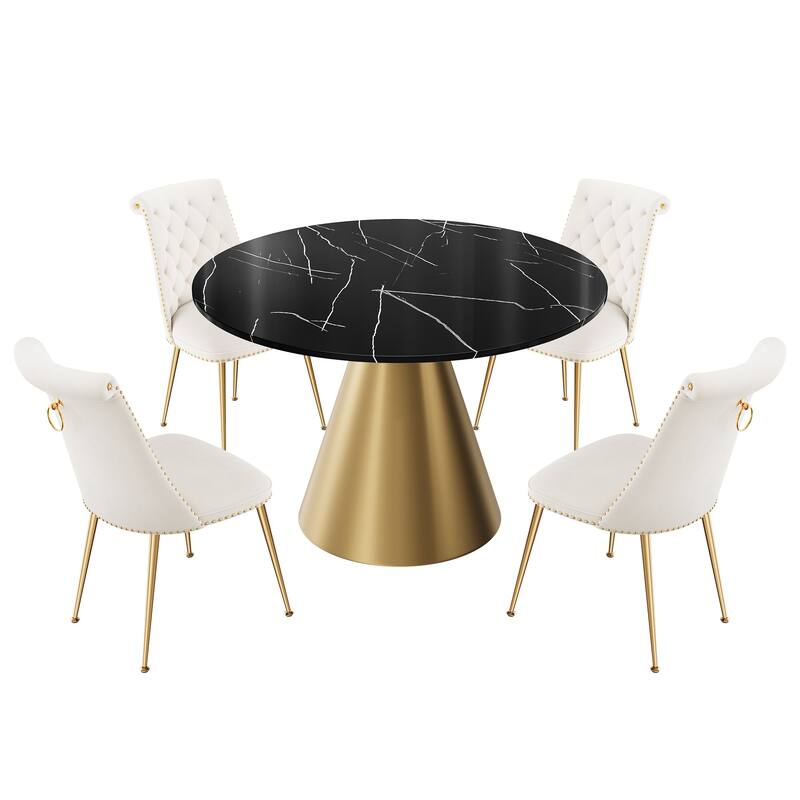 48" Marble Top Metal Dining Table with Velvet Dining Chair Set - Beige