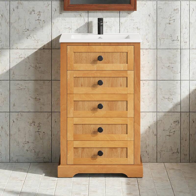 20 Inch Bathroom Vanity with Ceramic Sink, Solid Wood and MDF Bathroom Cabinet with Soft-Close Door - Natural