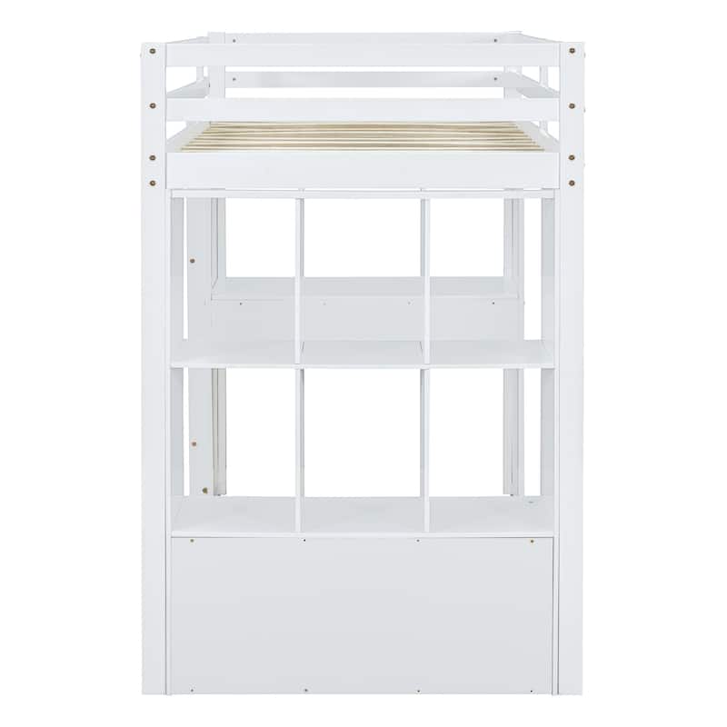 Full Size Solid Wood Loft Bed with Shelves, Writing Desk, and LED Light