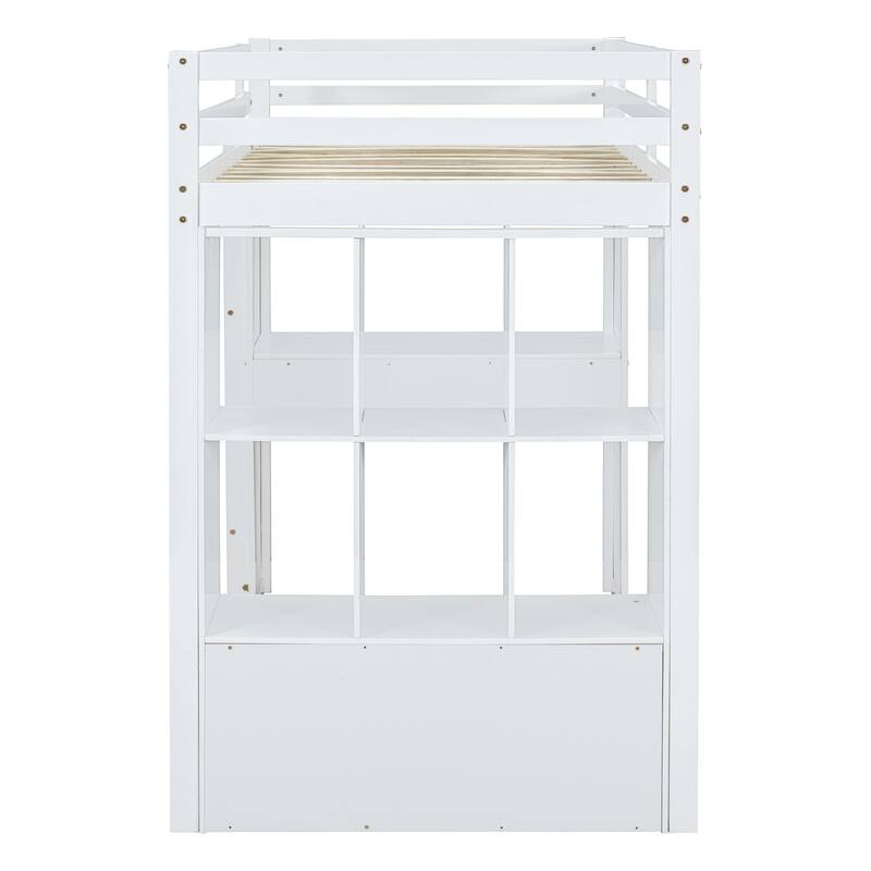 Loft Bed with Large Shelves, Writing Desk, Drawers and LED Light