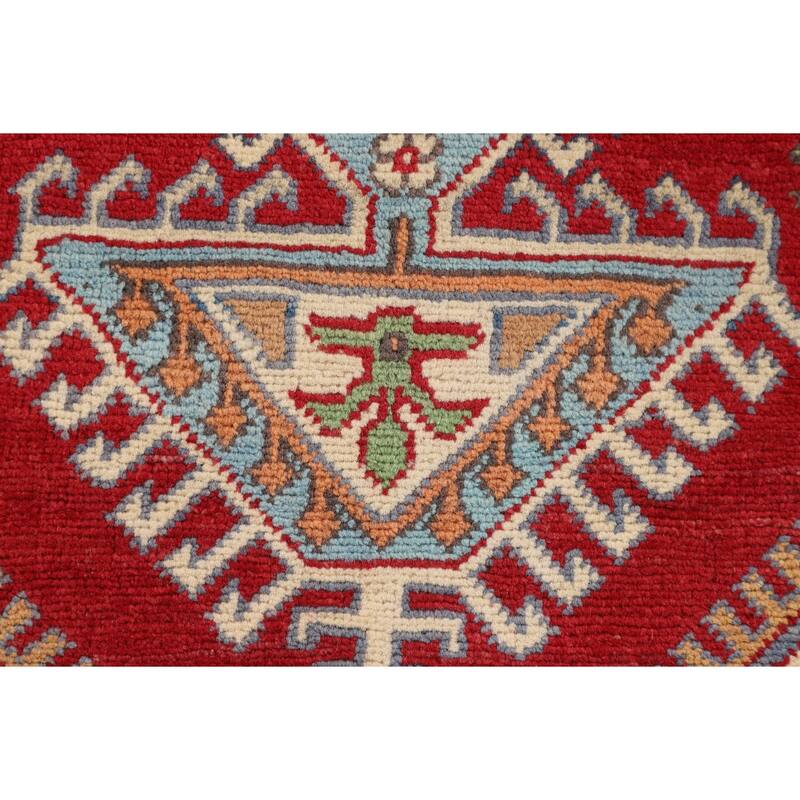 Red Geometric Kazak Oriental Accent Rug Handmade Wool Carpet - 2'8" x 3'11"