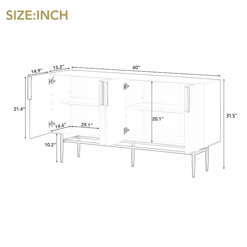 60" Modern 4-Door Sideboard Buffet Cabinet with Gold Handles, Adjustable Shelves, and Metal Legs for Storage
