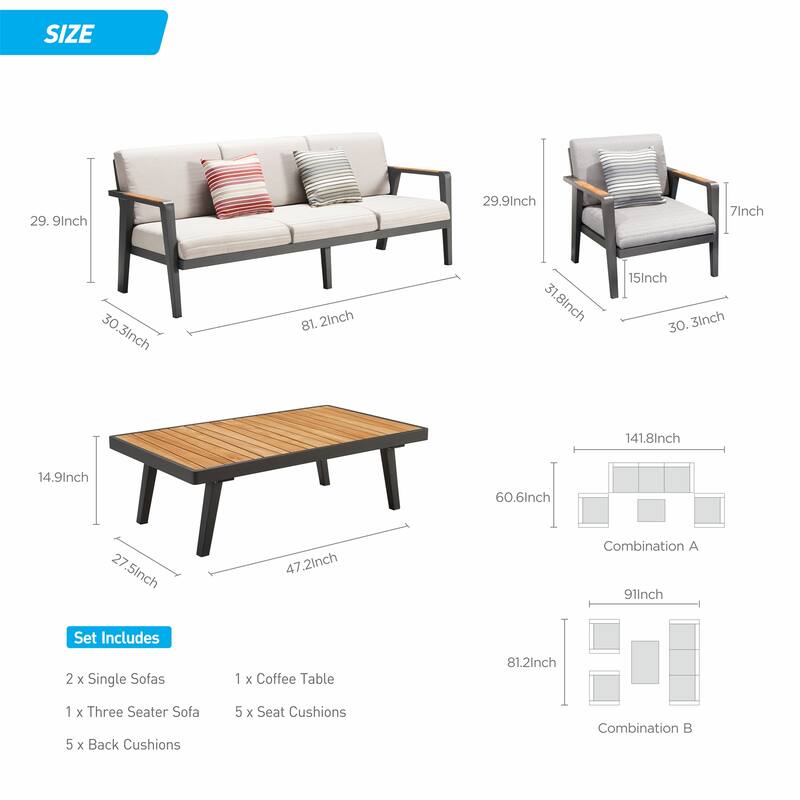 Emoti 4 Pieces Aluminum Outdoor Conversation Sets, Teak Tabletop by HIGOLD