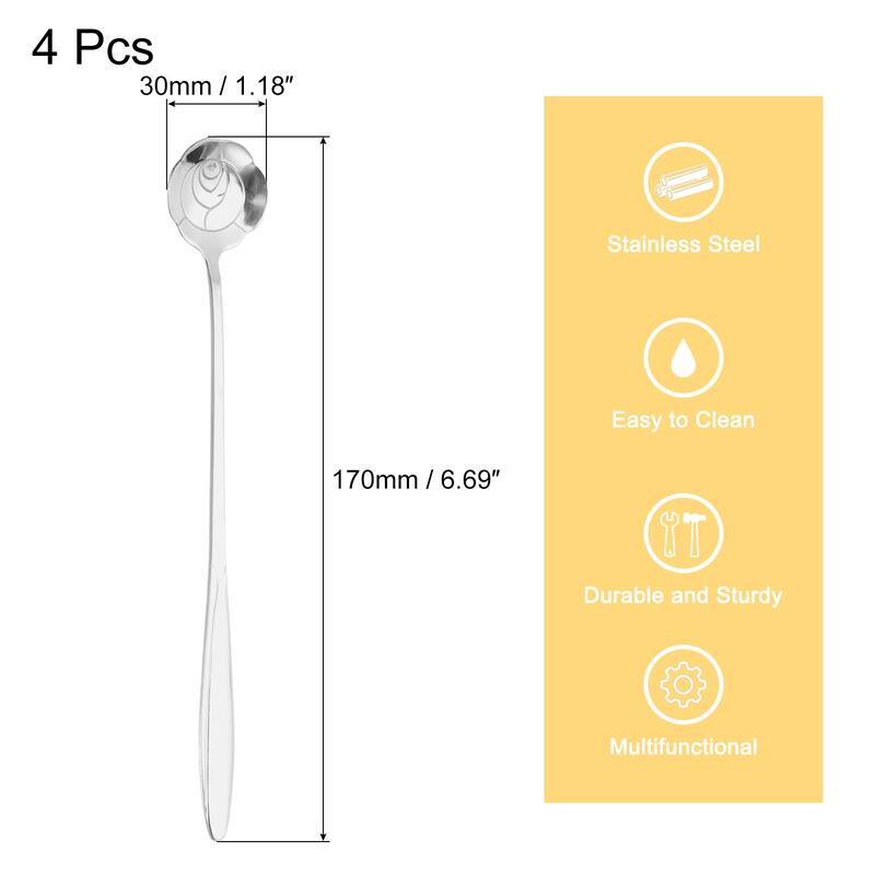 4Pcs 7" Stainless Steel Long Handle Rose Teaspoon Coffee Spoon