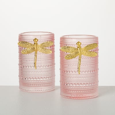 5" Glass Firefly Candle Holders - Set of 2, Pink - 3.25"L x 3.25"W x 5"H