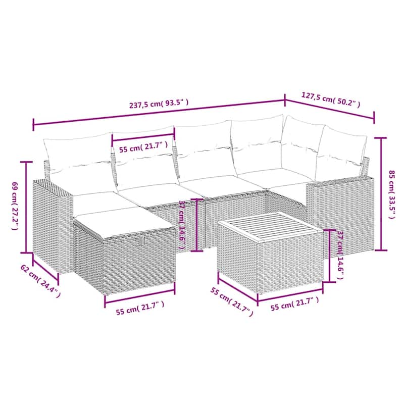 vidaXL Patio Sofa Set with Cushions Outdoor Furniture 7 Piece Poly Rattan