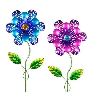 Exhart 2 Piece Metal Pansy Flower Stake Set with Jewel Center in Blue and Pink, 6 by 15.5 Inches
