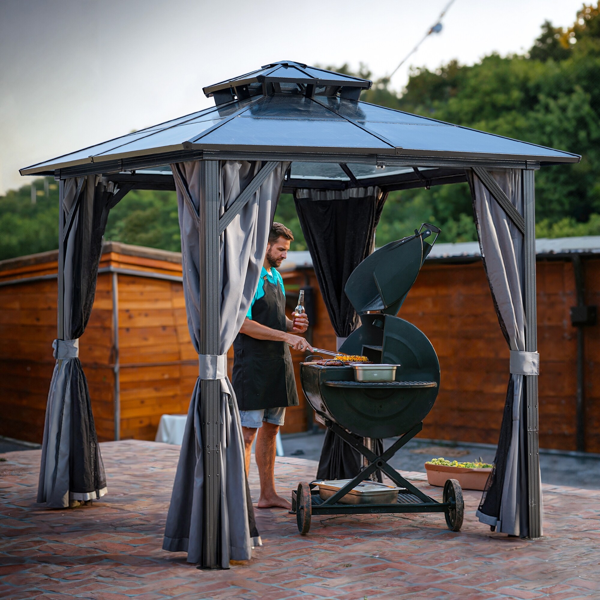 8 x 8FT Hardtop BBQ Gazebo with UV-Resistant Roof and Storage Hooks for Outdoor Use