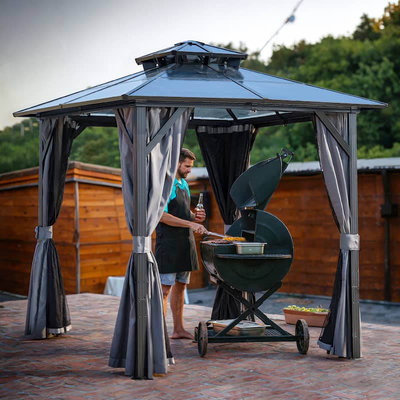 8 x 8FT Outdoor Hardtop BBQ Grill Gazebo with UV-Resistant Polycarbonate Roof - Grey