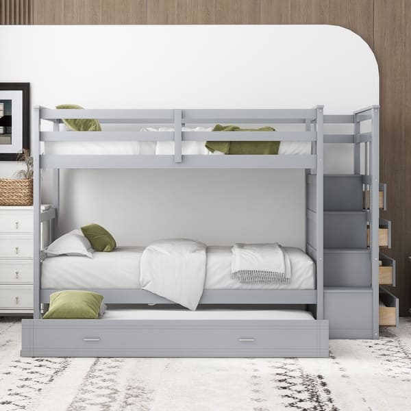 slide 2 of 45, Twin Bunk Bed with Trundle & Storage Staircase, Grey Grey