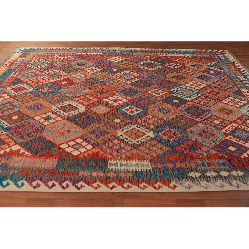 Reversible Kilim Oriental Rug Hand-Woven Multi-Color Wool Carpet - 8'7"x 11'6"