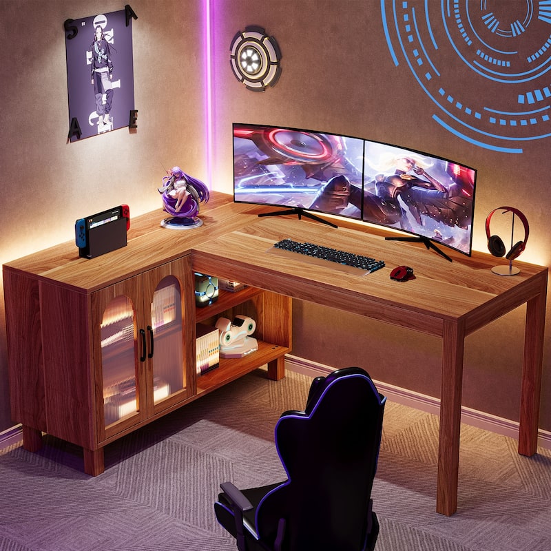 59-Inch L Shaped Desk with Storage Cabinet, Corner Executive Desk for Home Office