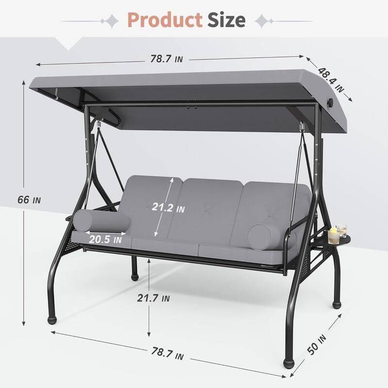 Outdoor Patio 3-Seat Porch Swing Cushioned Seat Bench Chair with Adjustable Tilt Canopy & Side Trays