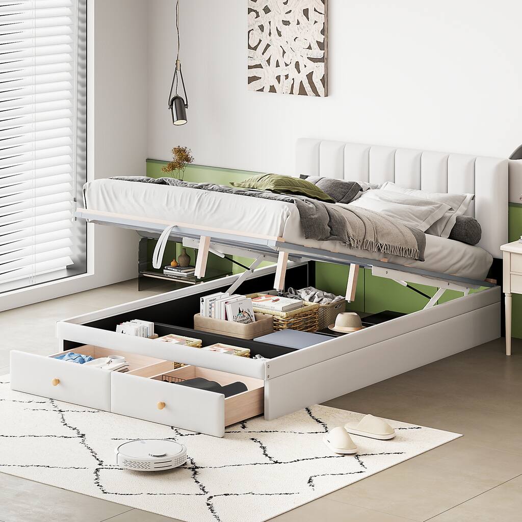 Full Size Stylish Upholstered Platform Bed with Hydraulic Storage System and Drawer