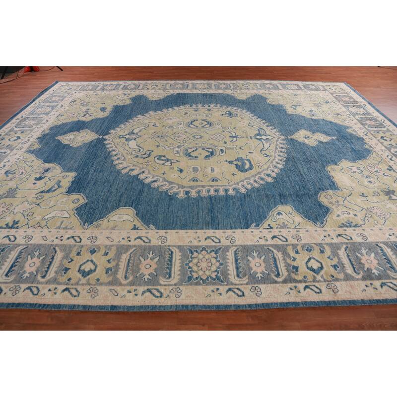 Hand Knotted Oriental 100% Wool Carpet Transitional Medallion Navy Blue & Blues Oushak Area Rug - 14' 9'' X 11' 10''
