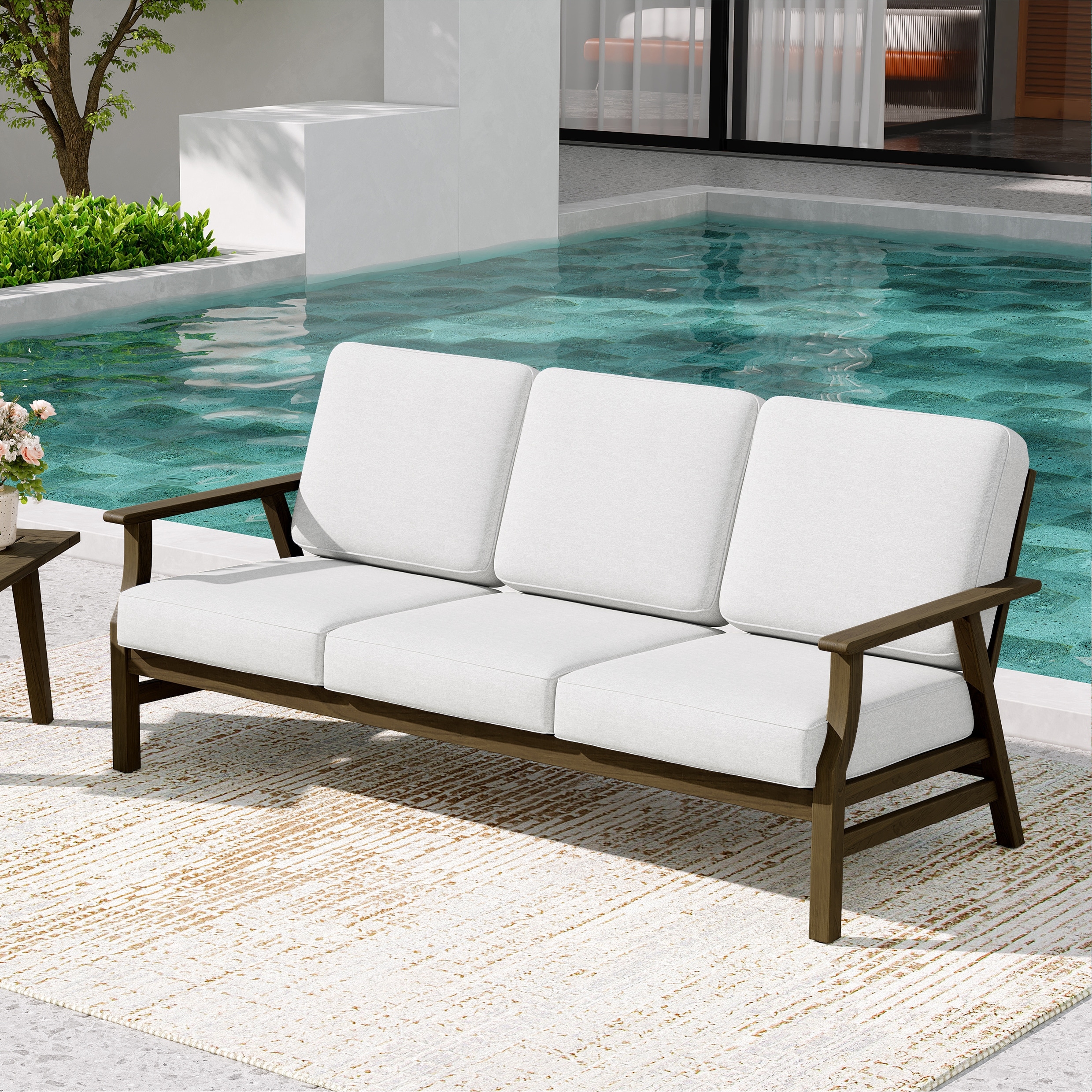 Teak Frame Outdoor Loveseat Daybed with Water-Resistant Cushions.