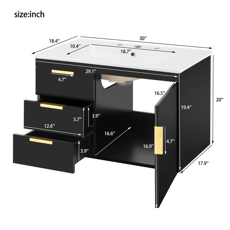 30" Wall Mounted Bathroom Cabinet with Ceramic Basin Sink, Bathroom Cabinet with Soft-Closing Door and Drawers