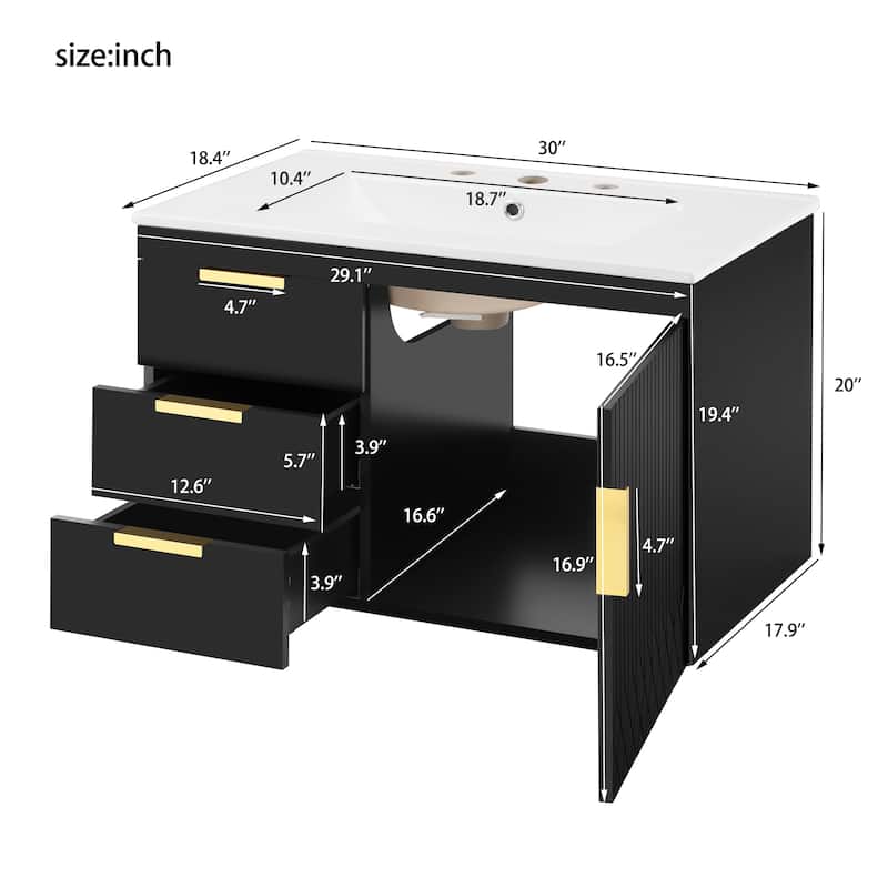 30" Wall Mounted Bathroom Vanity with Sink and Side Cabinet, Modern Floating Bathroom Cabinet with Soft-Close Doors and Drawers