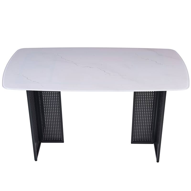 Rectangular Tempered Glass Dining Table for 6, Featuring a Marble-Patterned Design with black Hollow-Out Metal Legs