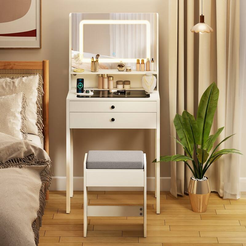 Gymax Small Vanity Desk w/Mirror Lights Charging Station Glass Top