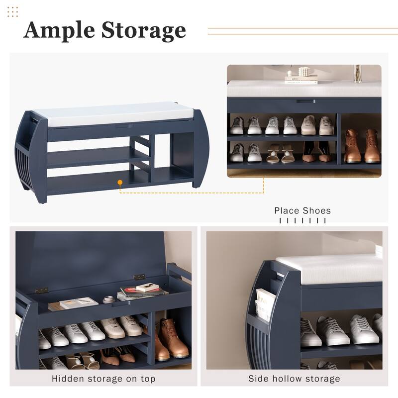 Shoe Bench 2-Tier Storage Bench with Cushion & Curved Side Holder, Wooden Panel Shoe Rack Organizer for Entryway, Living Room