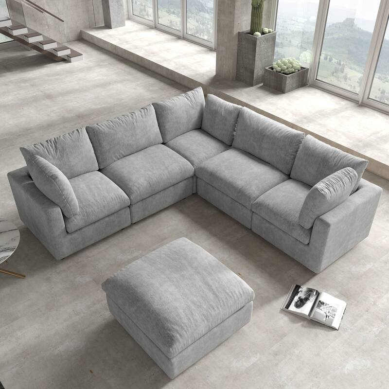 Living Room Corner Sofa Minimalist Upholstered Cushion Sofa Chenille Modular Sectional Couch with Ottoman