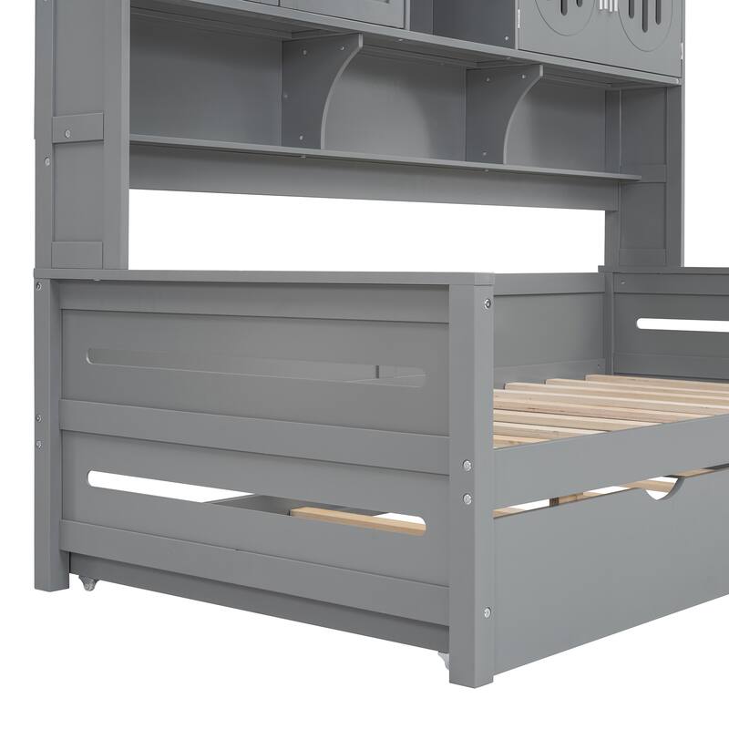 Full Size Wood Daybed with Built-in Storage Cabinet, Open Shelves & Twin Trundle Bed, Space-Saving Multi-Functional Frame