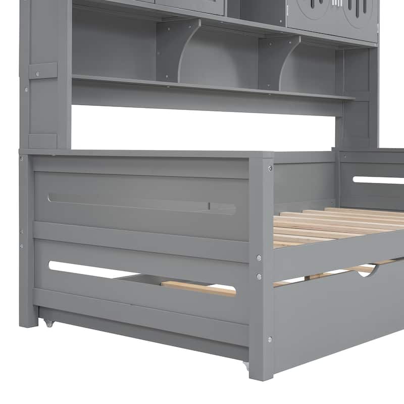 Space-Saving Twin Size Daybed with All-in-One Cabinet, Wooden Platform Bed Frame with Twin Trundle & Shelf, No Box Spring Needed