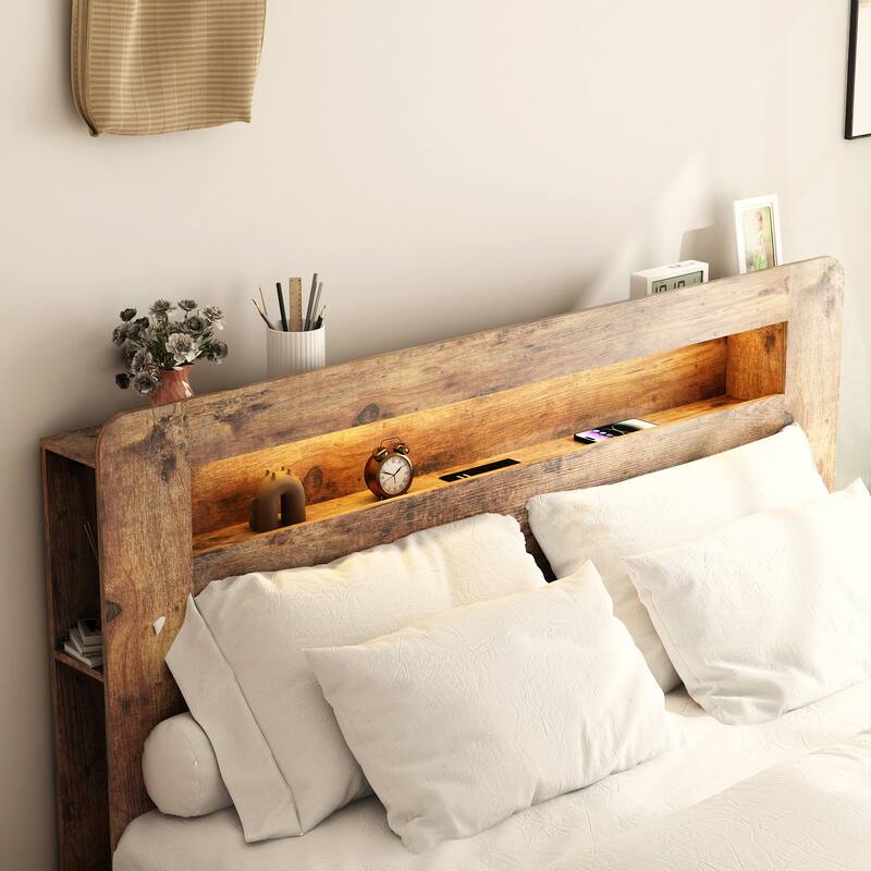 Bed Frame King Size, Wood Platform Bed Frame with Storage LED Light Headboard and 2 USB, Large Under Bed Storage