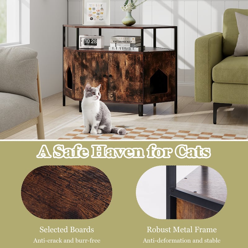 Gymax Corner Cat Litter Box Enclosure End Table w/ Open Shelf 2