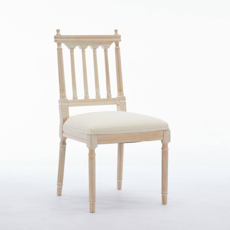 Antique Wooden Dining Chairs Set of 2, with Linen Fabric Seat and Slatted Back
