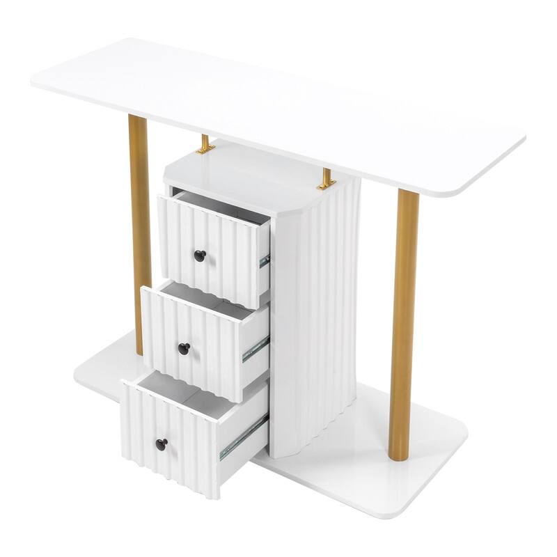 Modern Metal Frame Sofa Console Table, Entryway Table with 3 Drawers White
