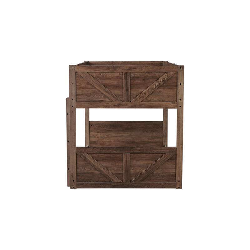 Low Twin Over Twin Size Bed Floor Bunk Bed with Panelled Headboard Footboard, Ladder and Guardrails, Solid Rubber Wood Frame