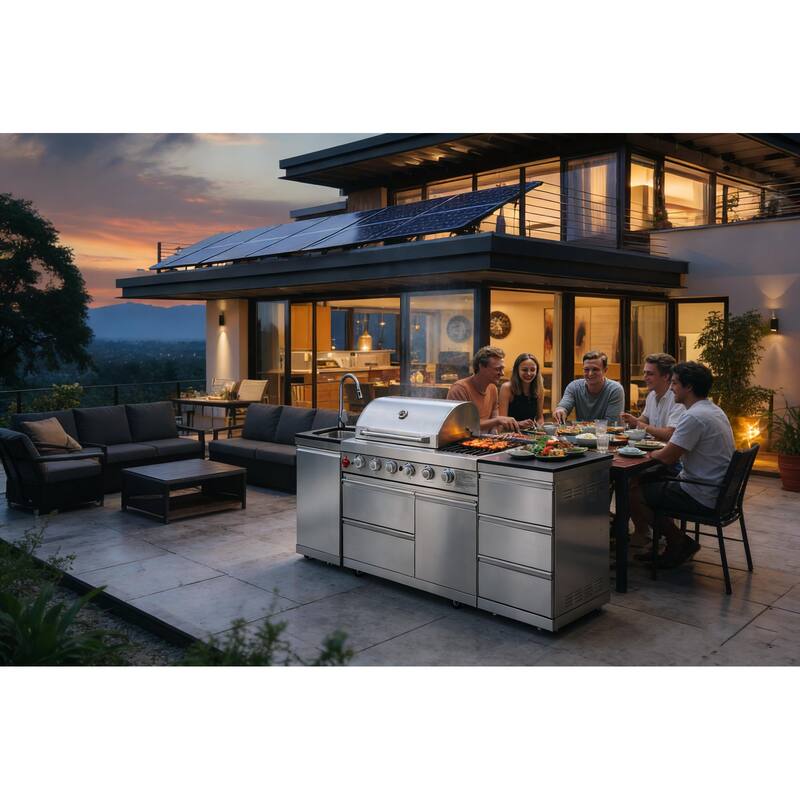 GDFStudio Zarethion Stainless Steel Outdoor Kitchen Island Grill with 4 Burners, Rotisserie and Storage Drawers