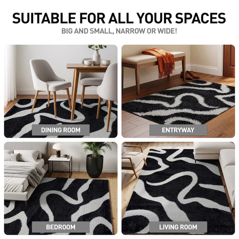 Striped Shag Rug - Durable for Living Room, Bedroom, or Entryway - Anthracite Dark Gray - Easy to Clean