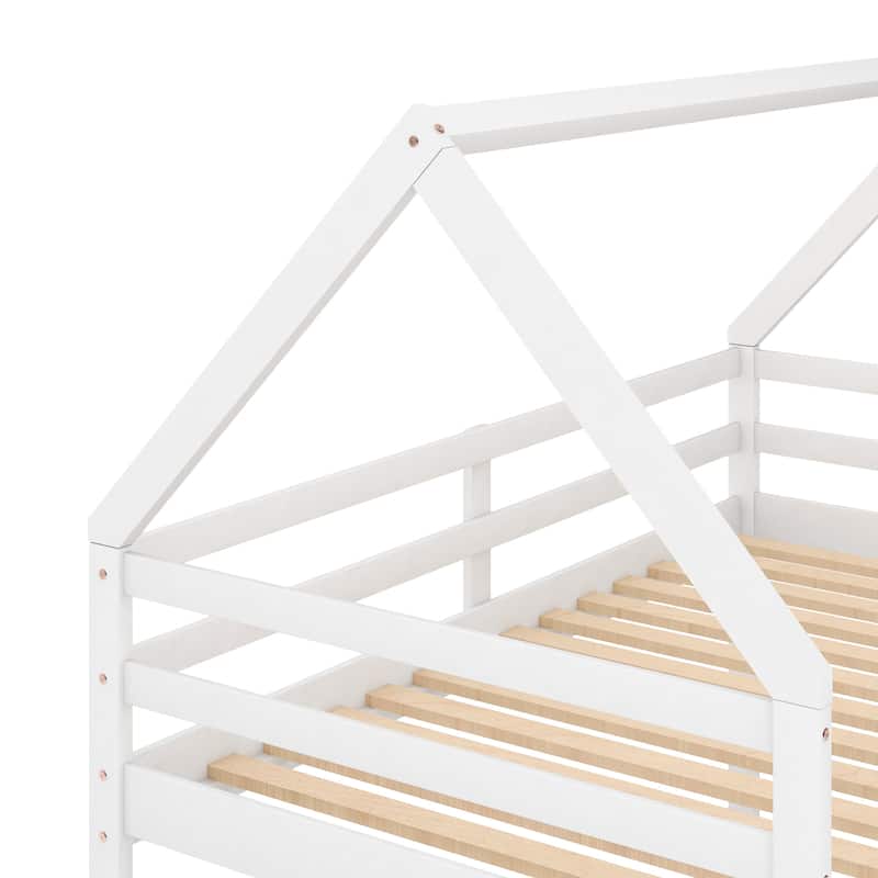 Roomfitters Twin over Twin Low Bunk House Bed with Ladder, Sturdy Frame and Space Saving Design