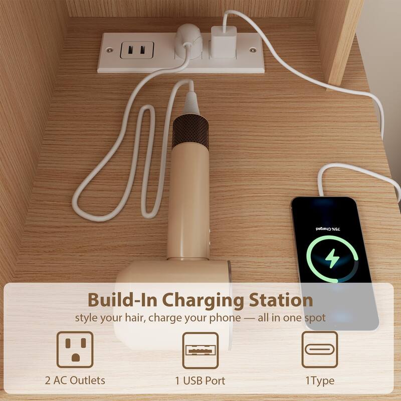 Modern Makeup Vanity with Sliding Mirror, 4 Drawers & 7 Shelves, 3 Light Colors, Charging Port & Stool Set