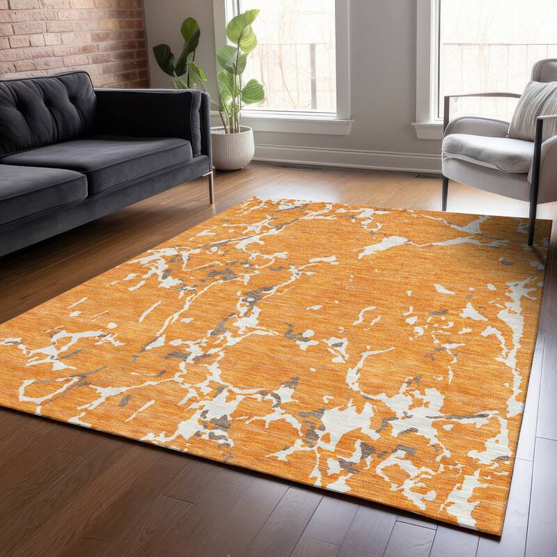Machine Washable Indoor/ Outdoor Abstract Camo Chantille Rug - Orange - 9' x 12'
