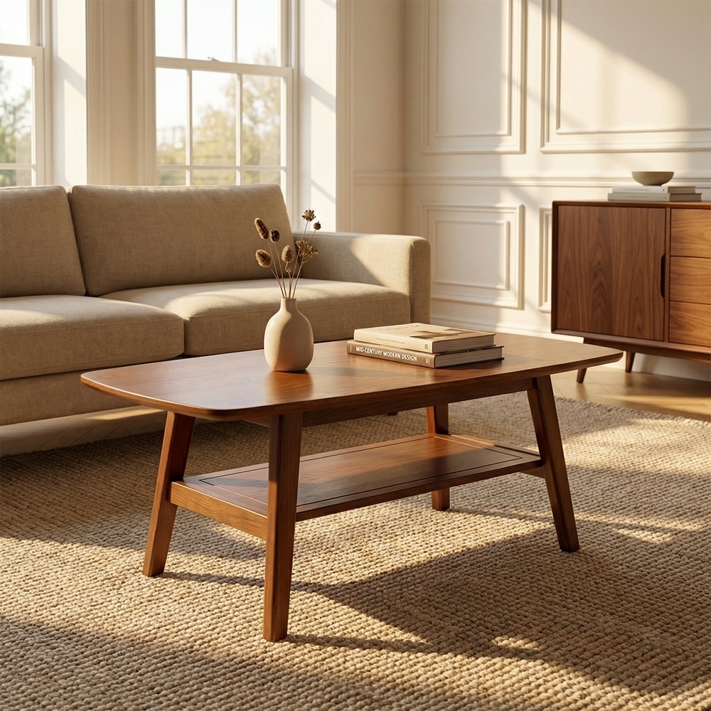 Solid Oak Wood Coffee Table with Storage Shelf