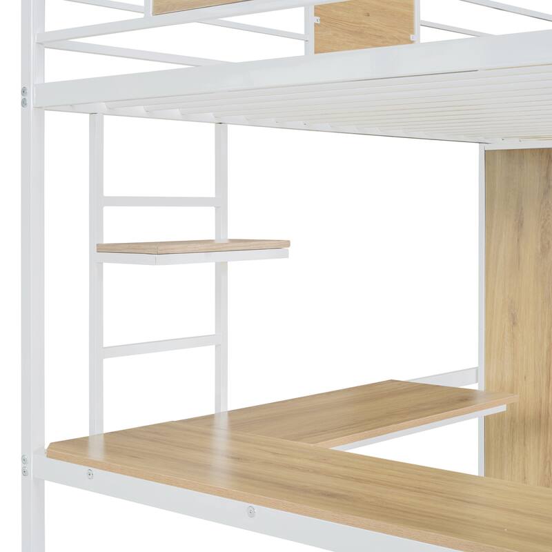 Twin Size Loft Bed with Ladder and L-Shaped Desk, Multifunctional Kids Teens Bed Frame with Storage Shelves and Wardrobe