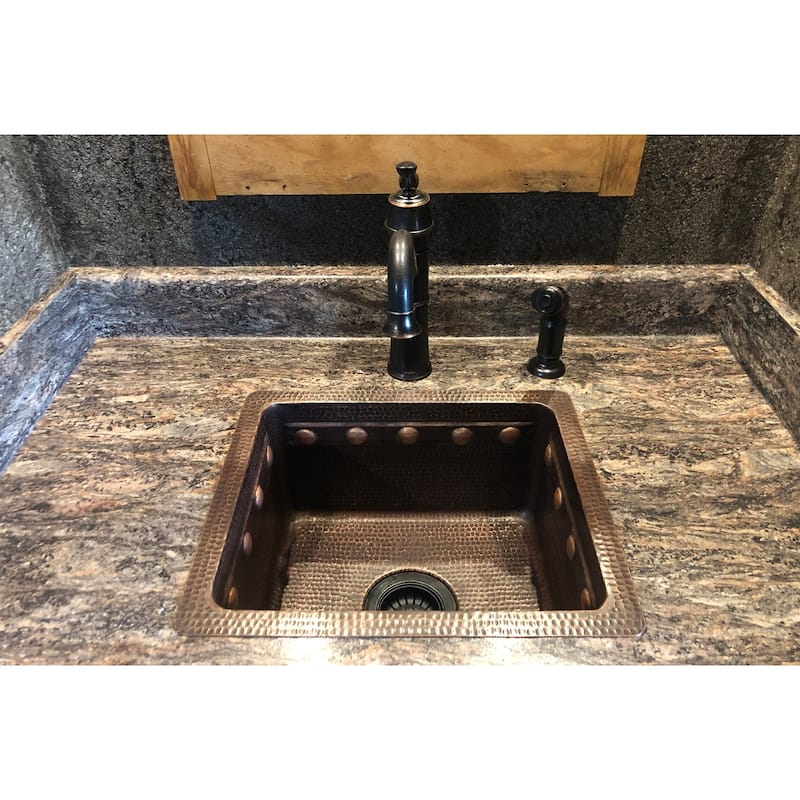 16-in Gourmet Rectangular Hammered Copper Bar/Prep Sink w/ Barrel Strap Design (BREC16DBBS)