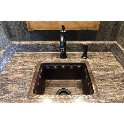 16-in Gourmet Rectangular Hammered Copper Bar/Prep Sink w/ Barrel Strap Design (BREC16DBBS)