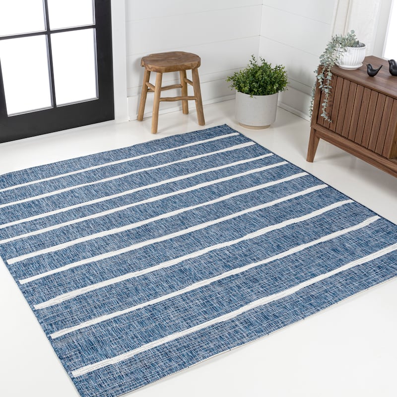 JONATHAN Y Andratx Berber Stripe Indoor/Outdoor Area Rug - 9' Square - Blue/Ivory