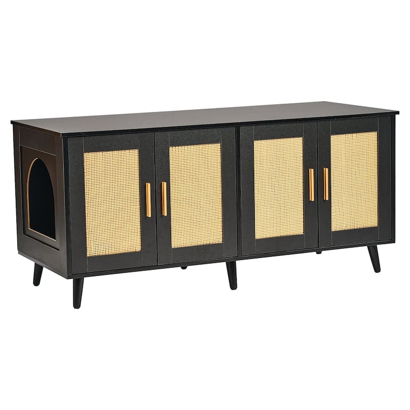 Multi-Functional Cat Litter Box Enclosure Furniture Hidden with 2 Windows and 4 Doors - Black
