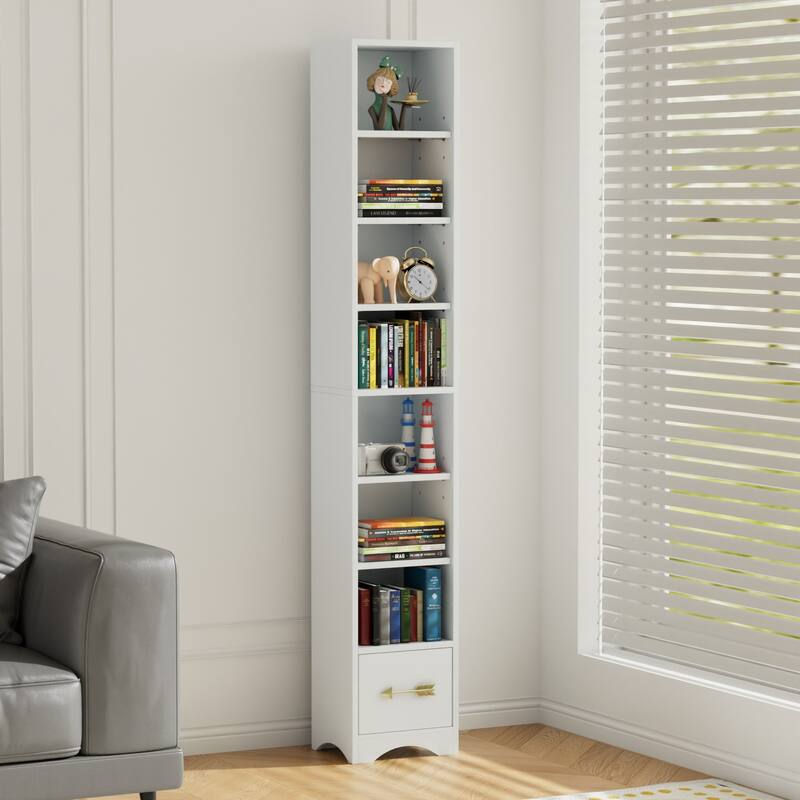 Javlergo Tall 7-Tier Adjustable Corner Bookcase with Drawer MDF Storage Shelf for Living Room Bedroom Kitchen and Entryway - White
